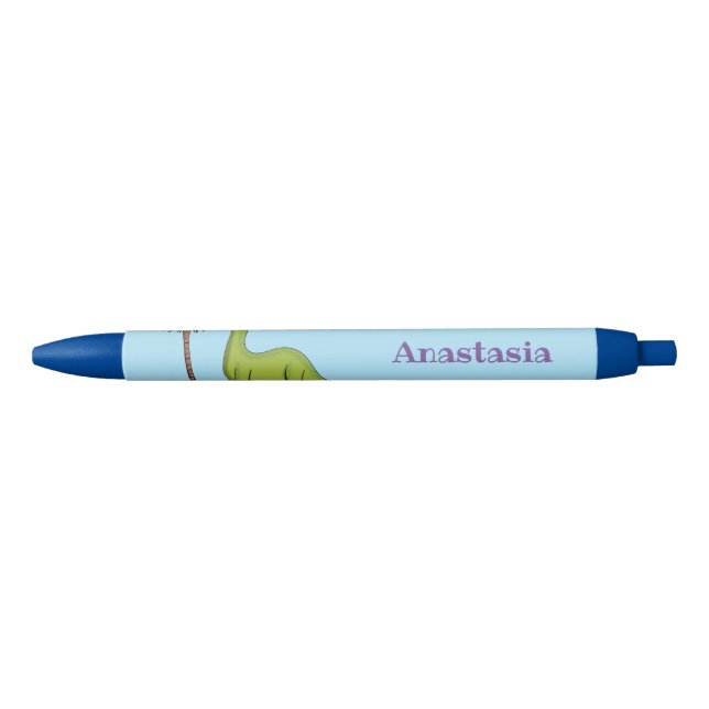 Cute happy green brontosaurus dinosaur cartoon black ink pen (Front)
