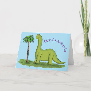 Cute happy green brontosaurus dinosaur cartoon card
