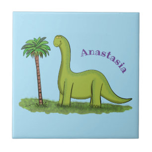 Cute happy green brontosaurus dinosaur cartoon ceramic tile