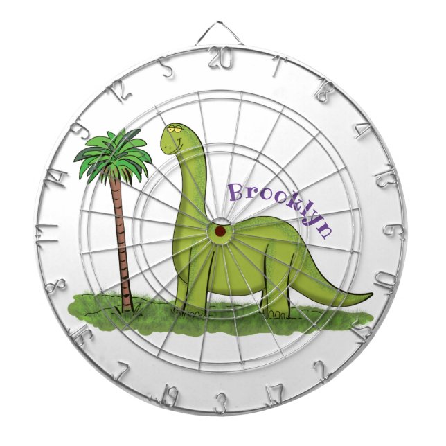 Cute happy green brontosaurus dinosaur cartoon dartboard (Front)