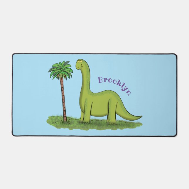 Cute happy green brontosaurus dinosaur cartoon desk mat (Front)
