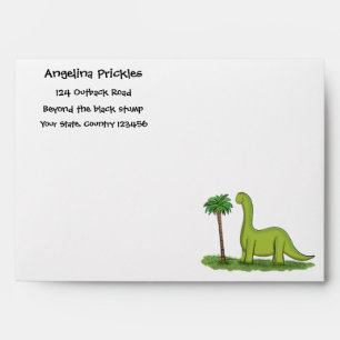 Cute happy green brontosaurus dinosaur cartoon envelope