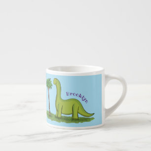 Cute happy green brontosaurus dinosaur cartoon espresso cup