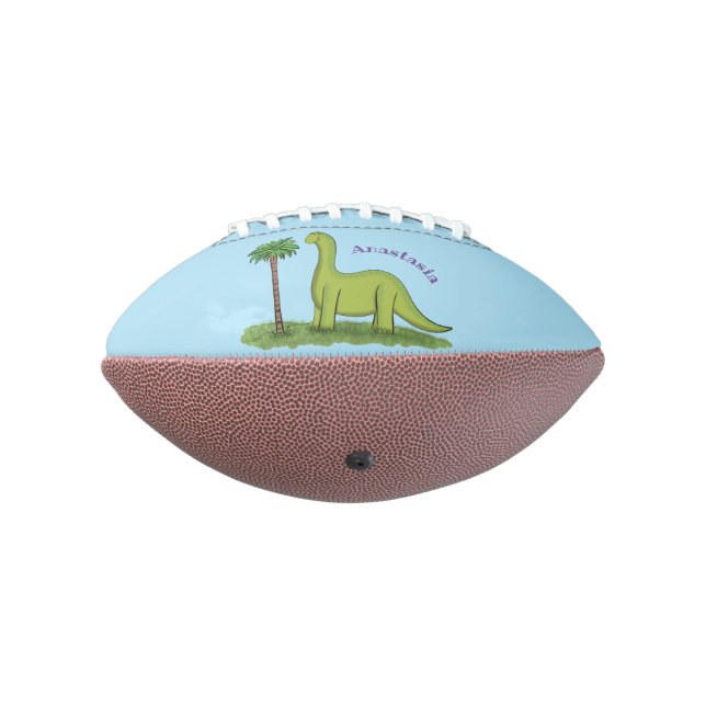 Cute happy green brontosaurus dinosaur cartoon football (Rotated 270)