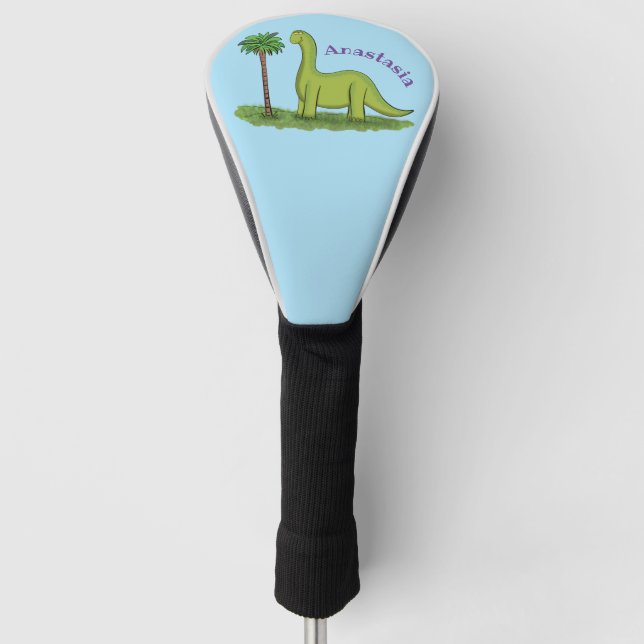 Cute happy green brontosaurus dinosaur cartoon golf head cover (Front)