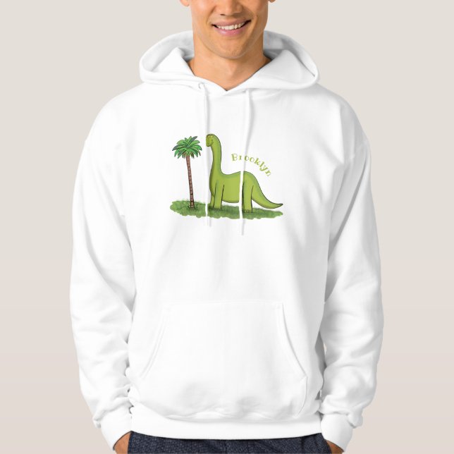 Cute happy green brontosaurus dinosaur cartoon hoodie (Front)
