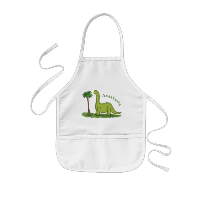 Cute happy green brontosaurus dinosaur cartoon kids apron (Front)