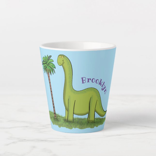 Cute happy green brontosaurus dinosaur cartoon latte mug (Front)