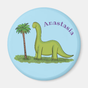 Cute happy green brontosaurus dinosaur cartoon magnet