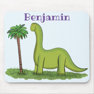 Cute happy green brontosaurus dinosaur cartoon mouse pad