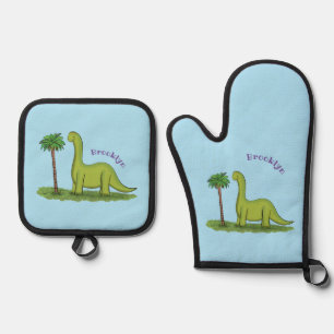 Cute happy green brontosaurus dinosaur cartoon oven mitt & pot holder set
