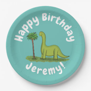 Cute happy green brontosaurus dinosaur cartoon paper plate