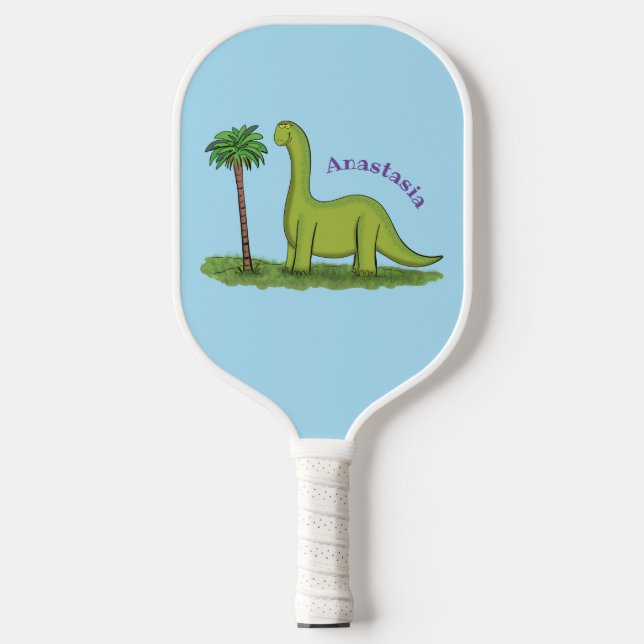 Cute happy green brontosaurus dinosaur cartoon pickleball paddle (Front)