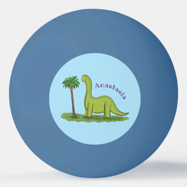 Cute happy green brontosaurus dinosaur cartoon ping pong ball (Front)