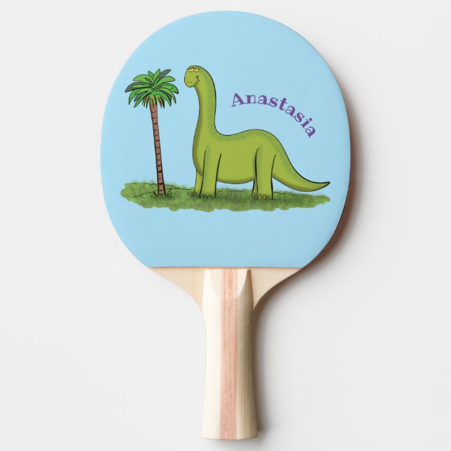 Cute happy green brontosaurus dinosaur cartoon ping pong paddle (Front)