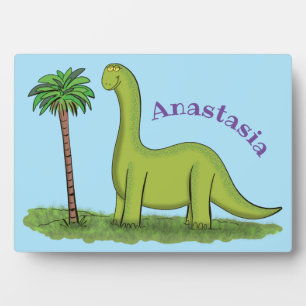 Cute happy green brontosaurus dinosaur cartoon plaque