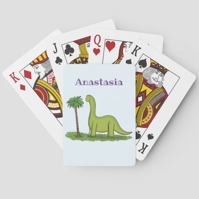 Cute happy green brontosaurus dinosaur cartoon playing cards (Back)