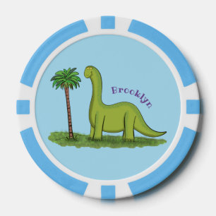 Cute happy green brontosaurus dinosaur cartoon poker chips