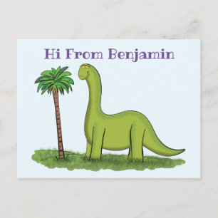 Cute happy green brontosaurus dinosaur cartoon postcard
