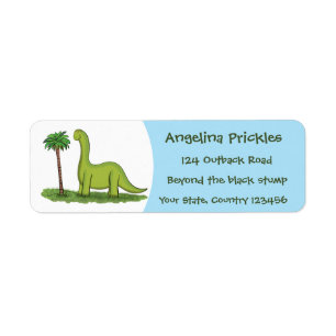 Cute happy green brontosaurus dinosaur cartoon return address label