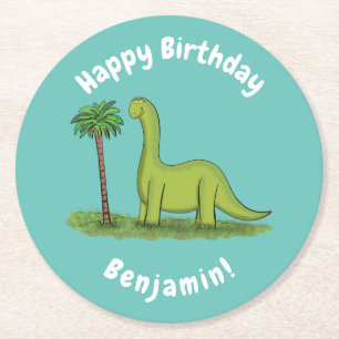 Cute happy green brontosaurus dinosaur cartoon round paper coaster