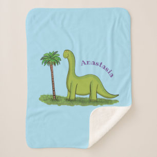 Cute happy green brontosaurus dinosaur cartoon sherpa blanket