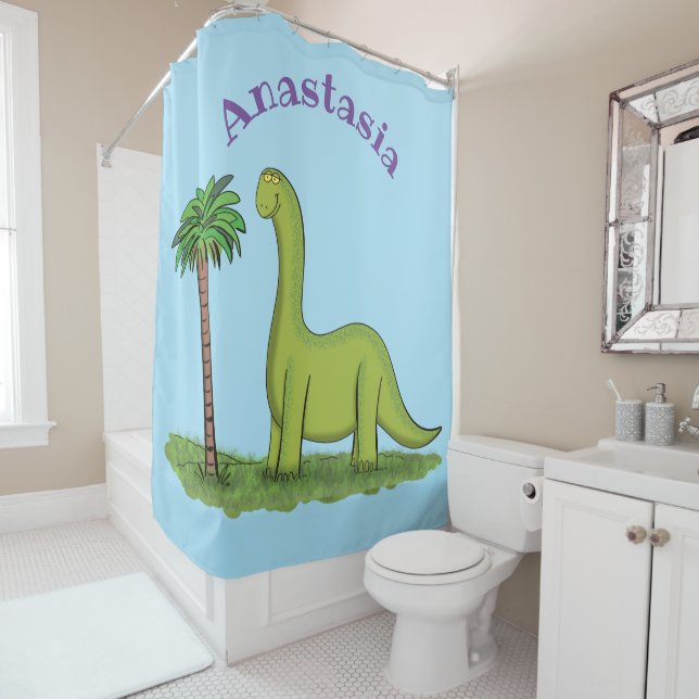 Cute happy green brontosaurus dinosaur cartoon shower curtain (In Situ)