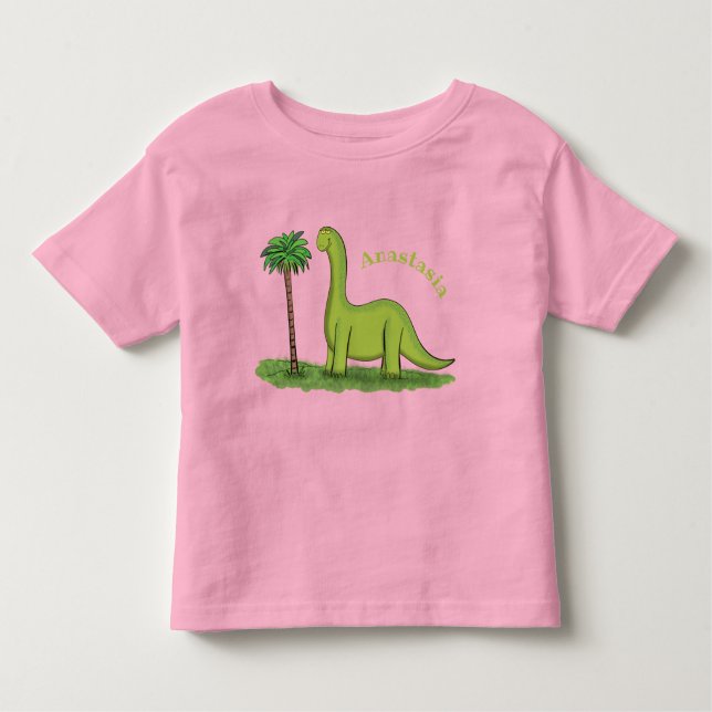 Cute happy green brontosaurus dinosaur cartoon toddler T-Shirt (Front)