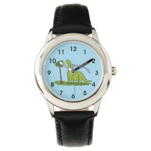 Cute happy green brontosaurus dinosaur cartoon watch