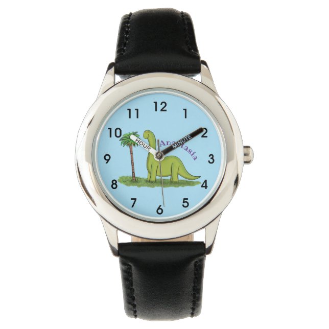 Cute happy green brontosaurus dinosaur cartoon watch (Front)