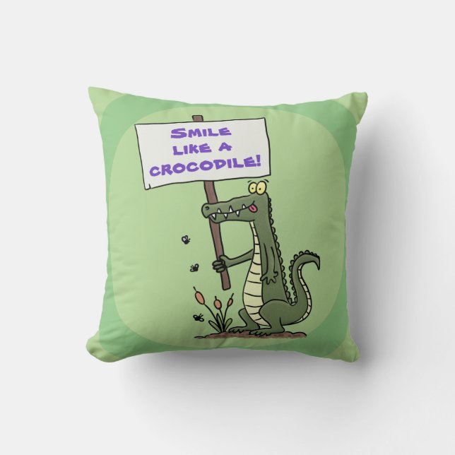 Cute, happy green crocodile with sign cartoon cushion (Front)