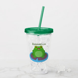 Cute happy green frog cartoon illustration acrylic tumbler
