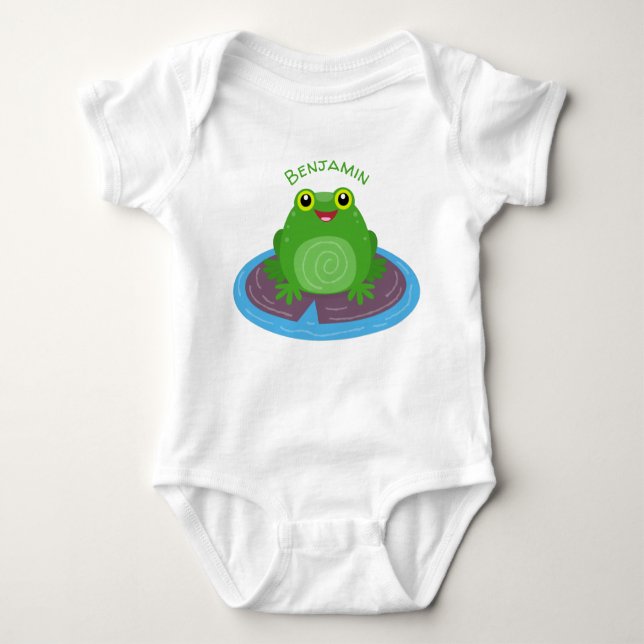 Cute happy green frog cartoon illustration baby bodysuit (Front)