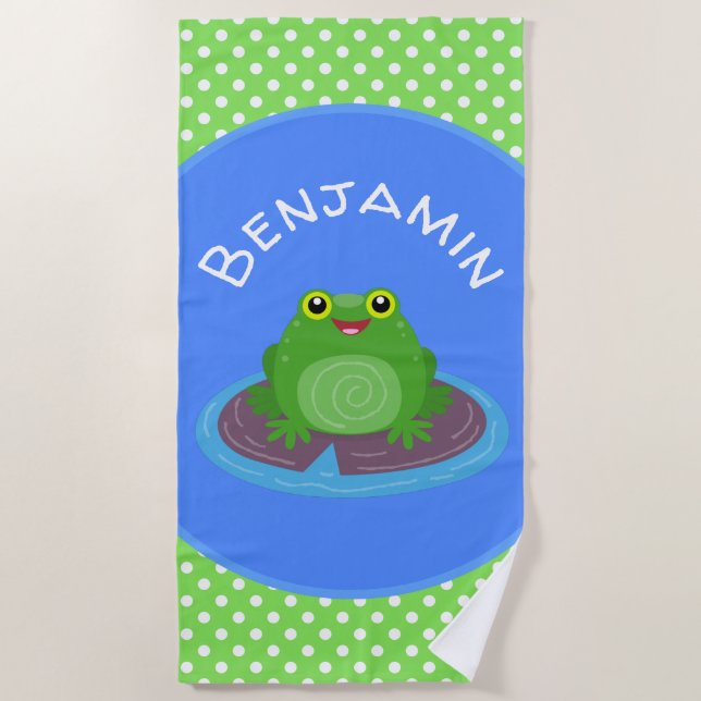 Cute happy green frog cartoon illustration beach towel (Front)
