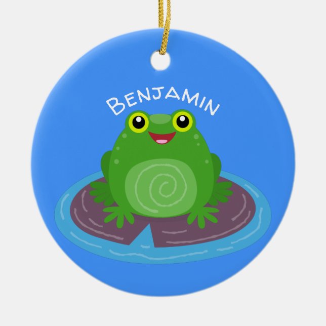 Cute happy green frog cartoon illustration ceramic ornament (Front)