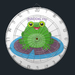 Cute happy green frog cartoon illustration dartboard<br><div class="desc">This cute happy green frog sitting on a purple lily pad is bright and adorable. Lots of amphibian fun drawn in happy cartoon style.</div>