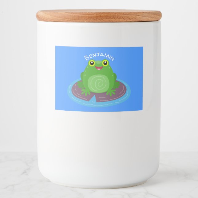 Cute happy green frog cartoon illustration food label (Front)
