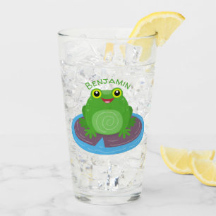 Cute happy green frog cartoon illustration glass