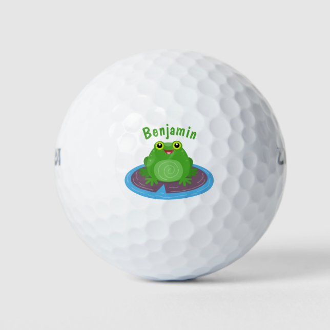 Cute happy green frog cartoon illustration golf balls (Front)