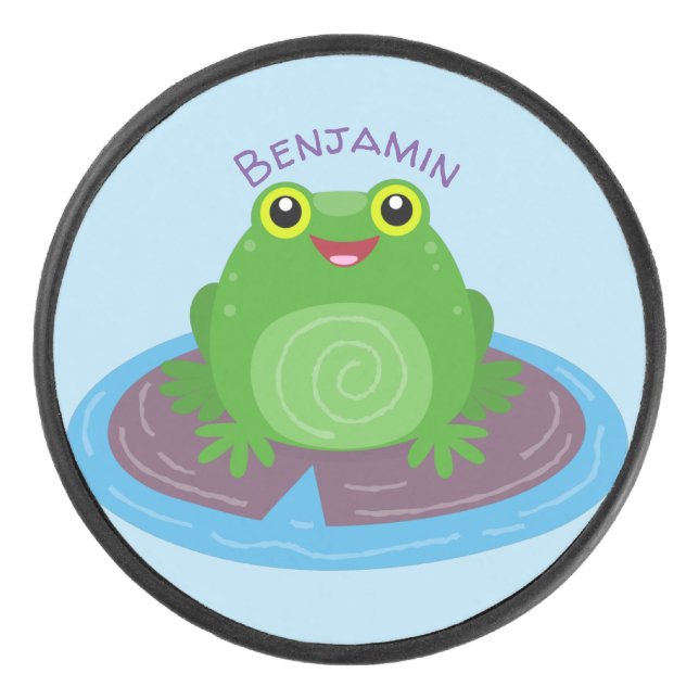 Cute happy green frog cartoon illustration hockey puck (Front)