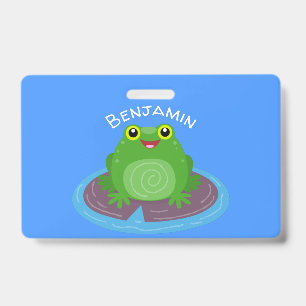 Cute happy green frog cartoon illustration ID badge