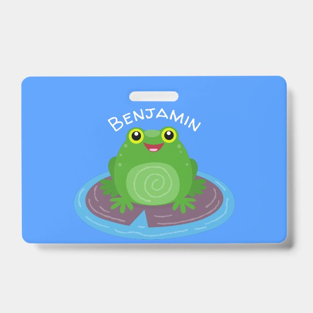 Cute happy green frog cartoon illustration ID badge (Front)