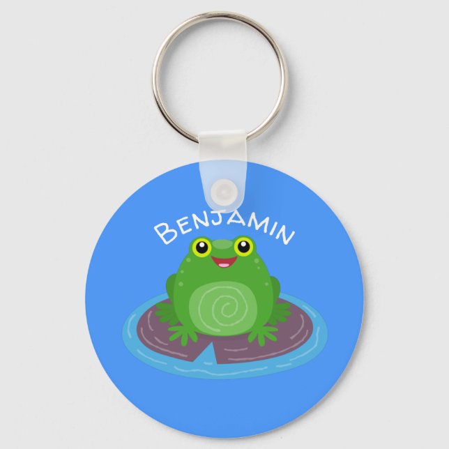 Cute happy green frog cartoon illustration key ring (Front)