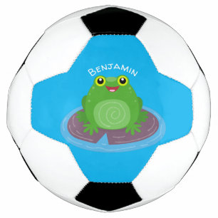 Cute happy green frog cartoon illustration soccer ball