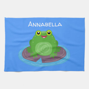 Cute happy green frog cartoon illustration tea towel