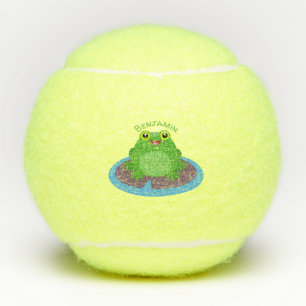 Cute happy green frog cartoon illustration tennis balls