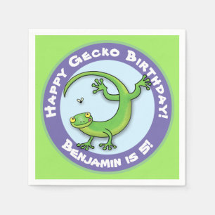 Cute happy green gecko climbing cartoon napkin