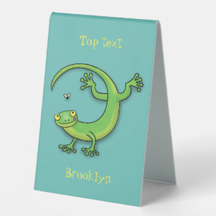 Cute happy green gecko greetings with bug cartoon