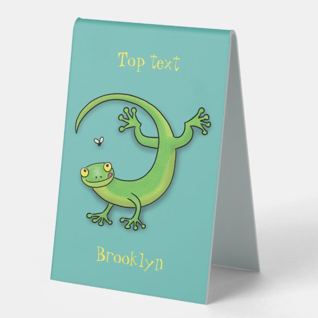 Cute happy green gecko greetings with bug cartoon (Front)