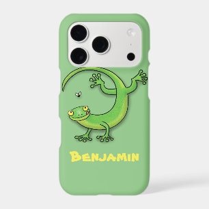 Cute happy green gecko greetings with bug cartoon